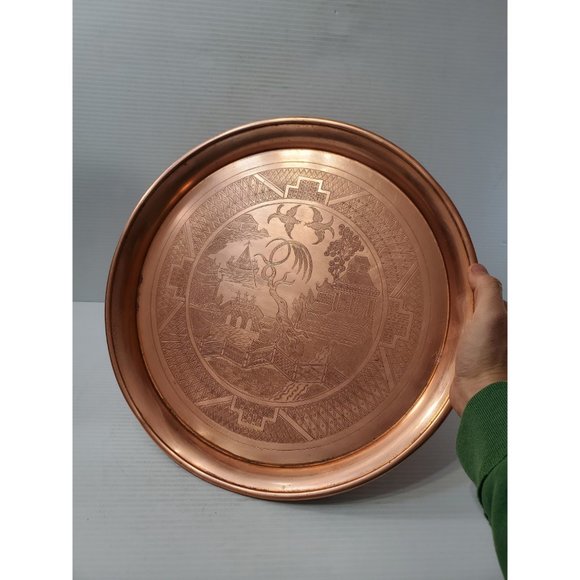 Vintage asian copper Tray | Heavy | Etched Floral Pattern | Birds | Geis… - Picture 5 of 10